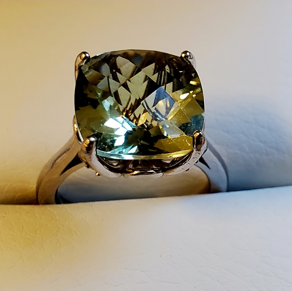 Silver 9.72 Ct Cushion Checkerboard Prasiolite Green Amethyst Ring S925 Size 9